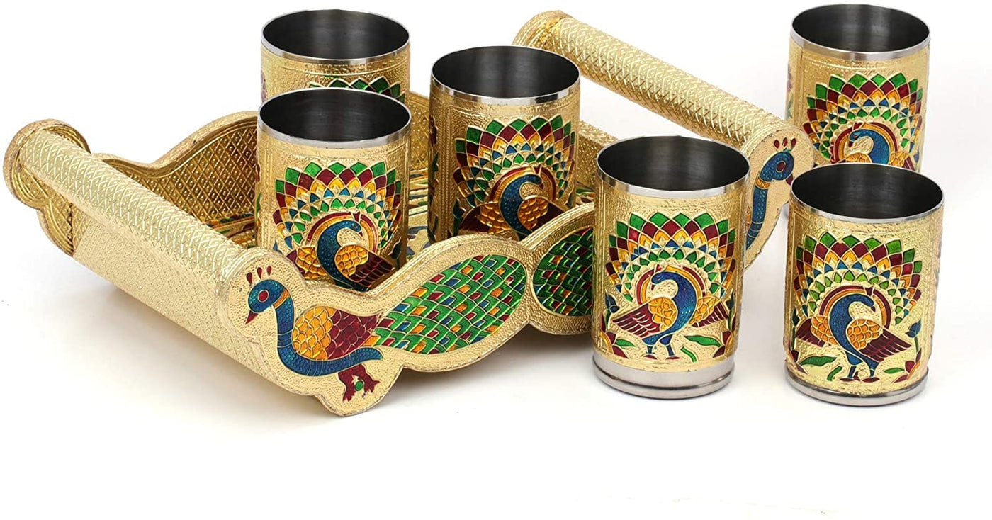 LAMANSH Multicolour / Steel / 1 tray & 6 glasses set LAMANSH® Meenakari Peacock Design Glass with Handle and Handicraft Serving Tray Set, 12 x 7 x 3.5 Inch Wooden Golden Meenakari Tray