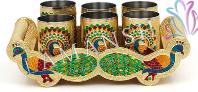 LAMANSH Multicolour / Steel / 1 tray & 6 glasses set LAMANSH® Meenakari Peacock Design Glass with Handle and Handicraft Serving Tray Set, 12 x 7 x 3.5 Inch Wooden Golden Meenakari Tray