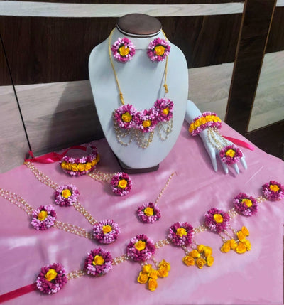 Lamansh Necklace, Choker, Earring, Maangtika, Bangles set & Kamarband 1 Necklace, 1 Choker, 2 Earrings , 1 Maangtika, 2 Bracelets atached to ring set & 1 Kamarband set / Pink-Yellow LAMANSH® Special Floral 🌺 Jewellery Set