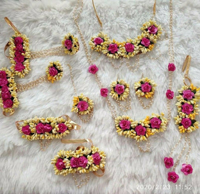 LAMANSH Necklace ,Choker, Earring, Maangtika, Bracelet, Satka Set Yellow - Pink / Free Size / Bridal Look Lamansh® 🌺 Bridal Floral Jewellery Set with Waist Chain Satka