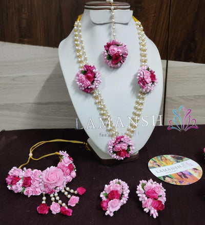 LAMANSH Necklace ,Choker, Earring, Maangtika & Bracelet Set Pink - Dark pink / Free Size / Bridal Look Lamansh® 🌺🌻🌹🌷 Floral Jewellery Set