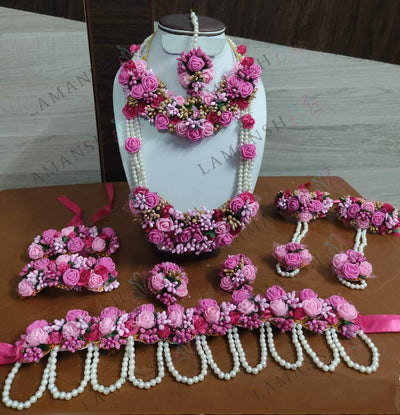 Lamansh Necklace, Choker, Maangtika, Earrings, Kamarbandh, Anklets & Bracelets attached with ring 1 Necklace, 1 Choker, 1 Maangtika, 2 Earrings, 1 Kamarbandh , 2 Anklets & 2 Hathphools / Pink LAMANSH® Complete Baby Shower Flower Jewellery For Women, Girls / Floral Jewellery Set