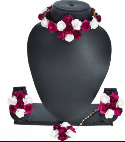 Lamansh Necklace, Earring & Bracelet Set Pink- white / Free size / Haldi Lamansh Artificial Floral Jewellery Set