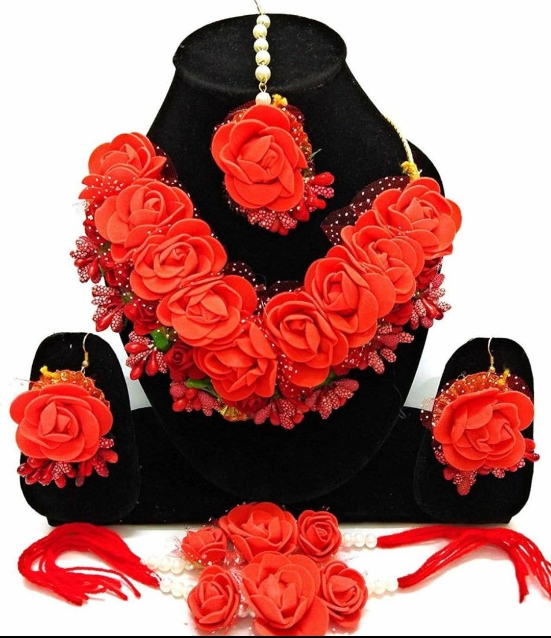 Lamansh Necklace, Earring & Bracelet Set Red / Free size / Haldi Lamansh Artificial Floral Jewellery Set