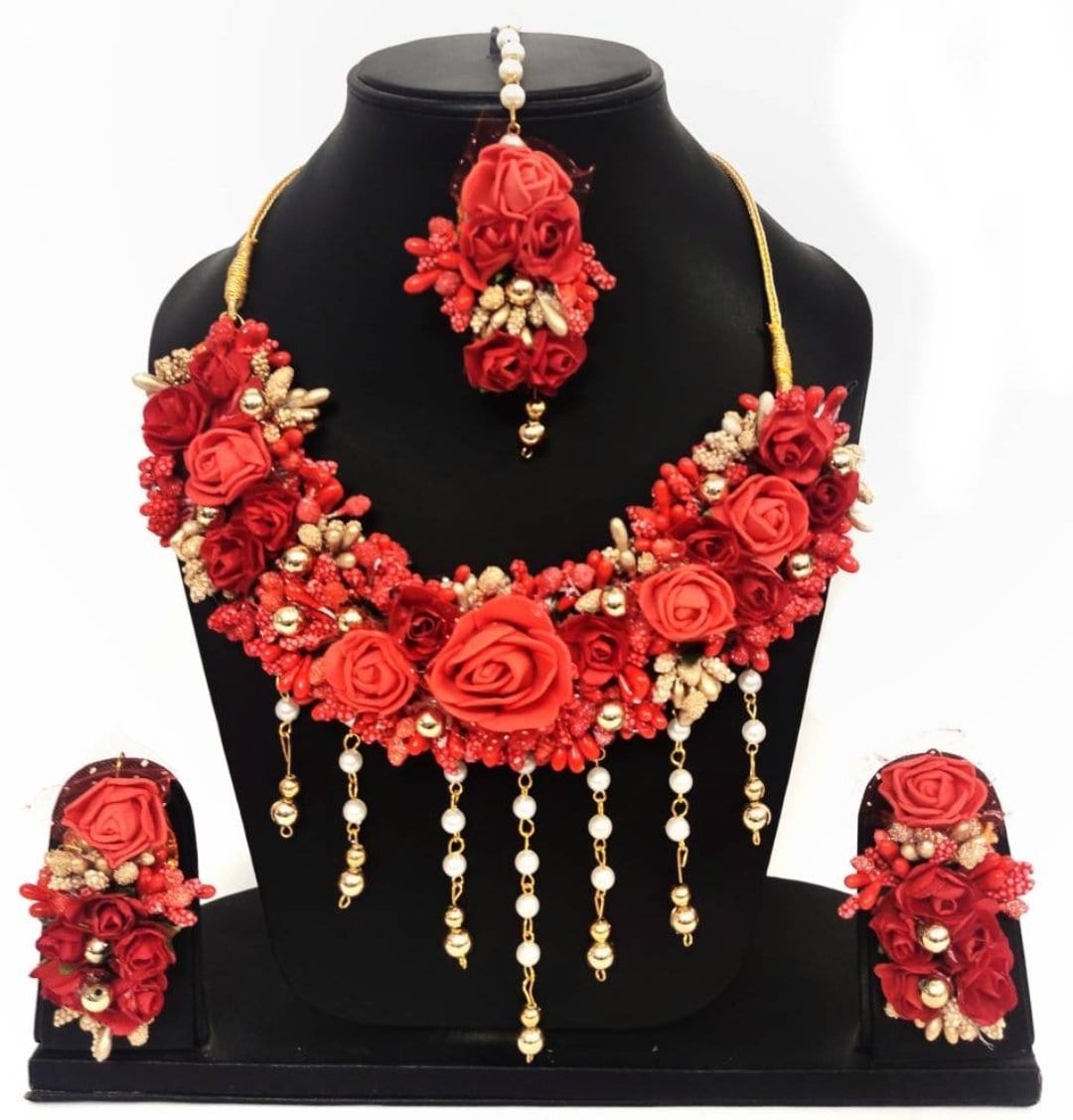 Lamansh Necklace, Earring & Bracelet Set Red / Free size / Haldi Lamansh Artificial Floral Jewellery Set