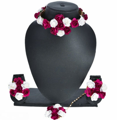 Lamansh Necklace, Earring & Bracelet Set white -Pink / Free size / Haldi Lamansh ( Pack of 5 ) Haldi Floral Jewellery Set