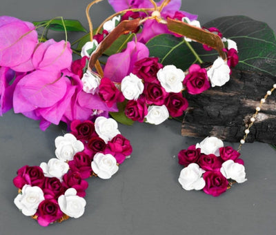 Lamansh Necklace, Earring & Bracelet Set white -Pink / Free size / Haldi Lamansh ( Pack of 5 ) Haldi Floral Jewellery Set