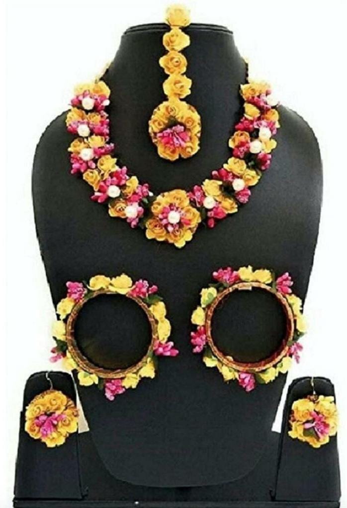 Lamansh Necklace, Earring, Maangtika & 2 Bangles Set Yellow-Pink / Free size / Haldi Lamansh 🌺🌻🌹🌷 Flower Jewellery Set