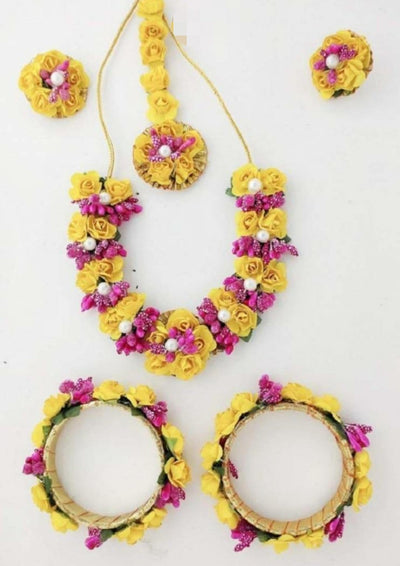 Lamansh Necklace, Earring, Maangtika & 2 Bangles Set Yellow-Pink / Free size / Haldi Lamansh 🌺🌻🌹🌷 Flower Jewellery Set