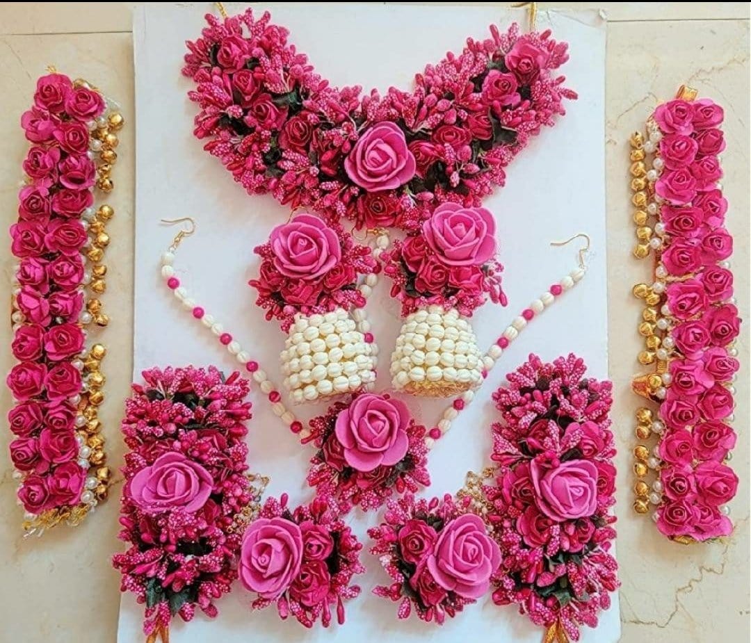 Lamansh Necklace, Earring, Maangtika & 2 Bracelets & 2 Anklets Set Pink-White / Standard size / Haldi Lamansh 🌺🌻🌹🌷 Flower Jewellery Set