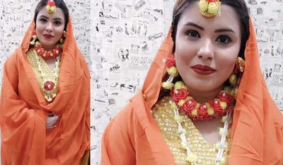 LAMANSH Necklace , Earring, Maangtika & Bangle Set Yellow-Red / Standard / Bridal Look LAMANSH® Floral 🌺 Flower Jewellery Set