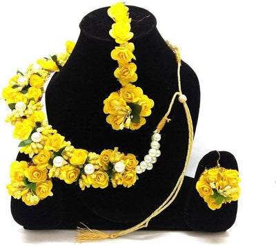 LAMANSH Necklace , Earring, Maangtika , Bangles set Yellow / Free Size / Bridal Style New Jaipur Handicraft Floral Jewellery Set