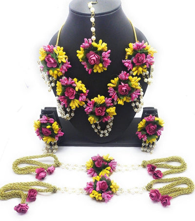 LAMANSH Necklace , Earring, Maangtika , Bracelet Pink-Yellow-Green / Free Size / Bridal Style New Jaipur Handicraft Floral Jewellery Set