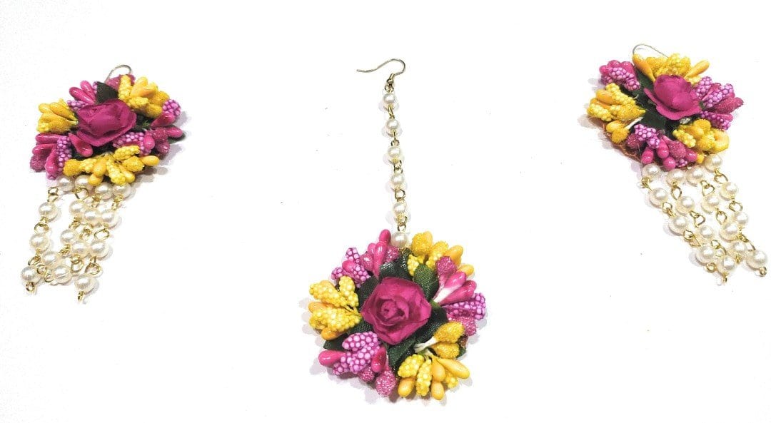 LAMANSH Necklace , Earring, Maangtika , Bracelet Pink-Yellow-Green / Free Size / Bridal Style New Jaipur Handicraft Floral Jewellery Set