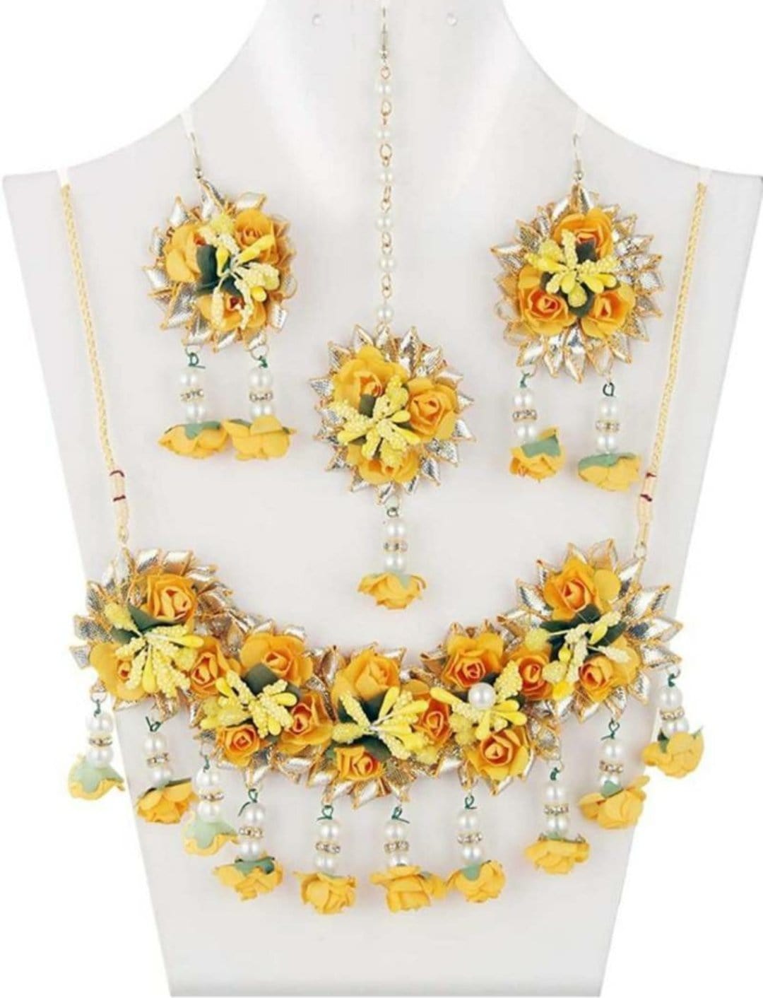 Lamansh Necklace, Earring, Maangtika & Bracelet & Ring Set Yellow / Standard size / Haldi Lamansh 🌺🌻🌹🌷 Flower Jewellery Set