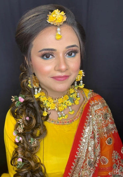 Lamansh Necklace, Earring, Maangtika & Bracelet & Ring Set Yellow / Standard size / Haldi Lamansh 🌺🌻🌹🌷 Flower Jewellery Set