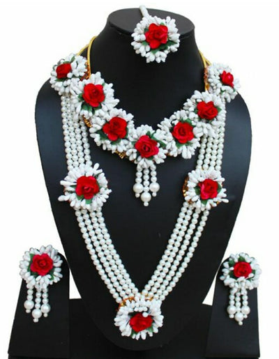 Lamansh Necklace, Earring, Maangtika & Bracelet Set 1 Necklace, 1 choker, 2 Earrings , 1 Maangtika & 2 Bracelets / White - Red LAMANSH® Special Haldi 🌺 Jewellery Set for Haldi & Mehendi ceremony