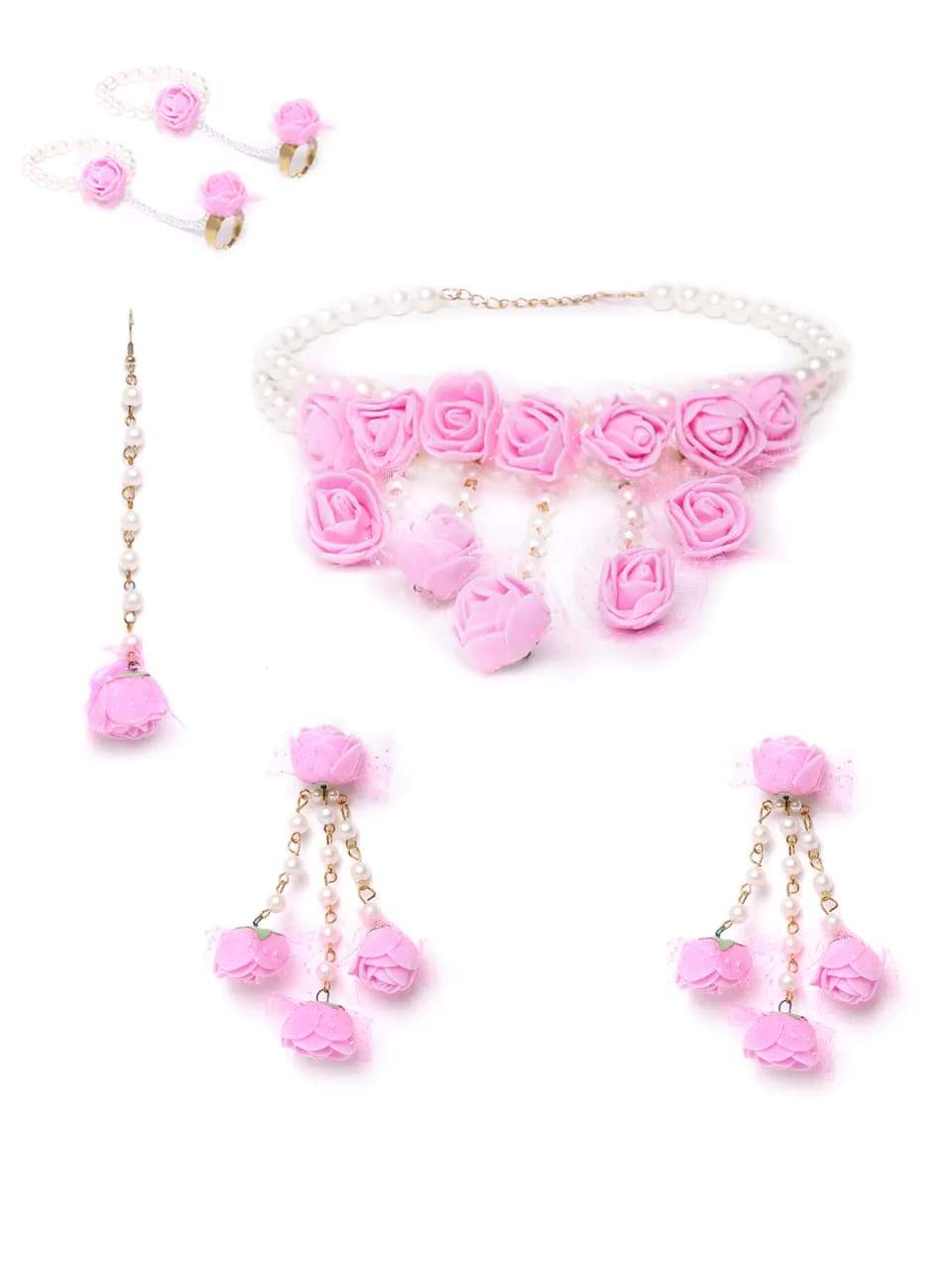 Lamansh Necklace, Earring, Maangtika & Bracelet Set 1 Necklace , 2 Earrings , 1 Maangtika & 2 Bracelets / Pink LAMANSH® Special Flower 🌺 Jewellery Set
