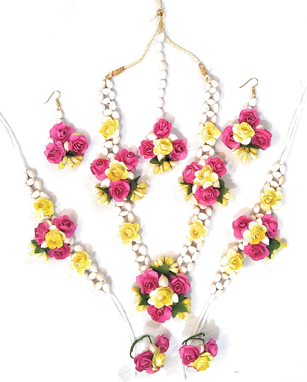 Lamansh Necklace, Earring, Maangtika & Bracelet Set 1 Necklace, 2 Earrings , 1 Maangtika & 2 Bracelets set / White-Yellow-pink LAMANSH® Special Haldi 🌺 Jewellery Set