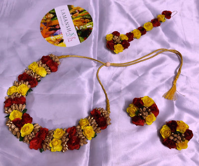Lamansh Necklace, Earring, Maangtika & Bracelet Set 1 Necklace, 2 Earrings & 1 Maangtika / Pink-Yellow LAMANSH® Special Haldi 🌺 Jewellery Set