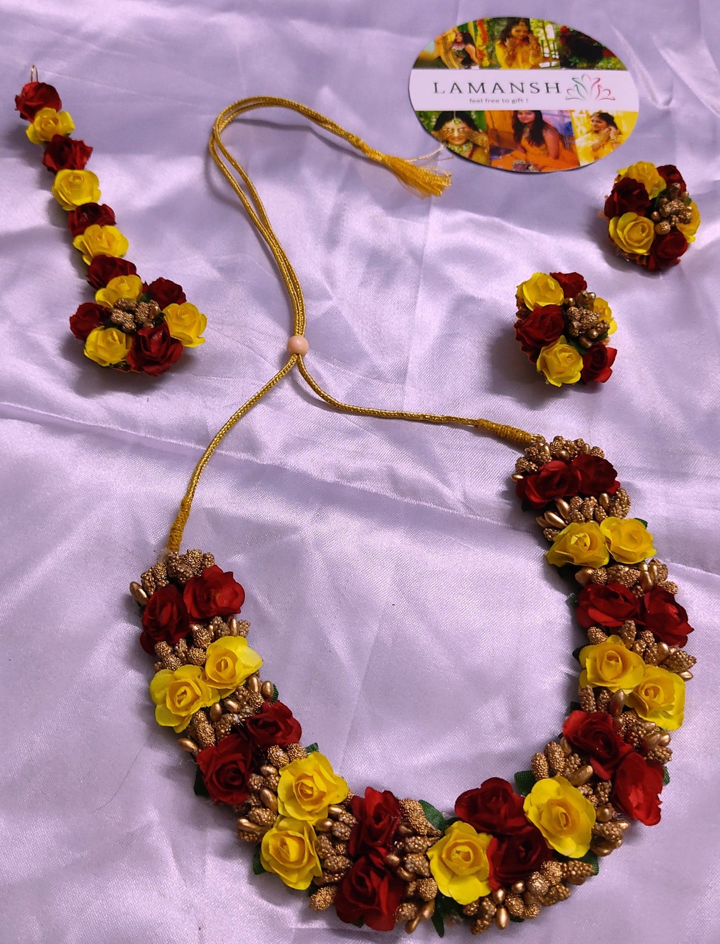 Lamansh Necklace, Earring, Maangtika & Bracelet Set 1 Necklace, 2 Earrings & 1 Maangtika / Pink-Yellow LAMANSH® Special Haldi 🌺 Jewellery Set