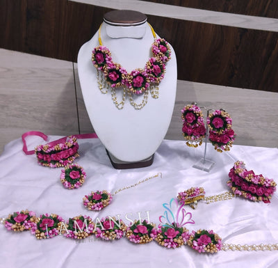 LAMANSH Necklace ,Earring, Maangtika & Bracelet Set Dark Pink - Gold / Free Size / Bridal Look Lamansh® 🌺🌻🌹🌷 Floral Jewellery Set