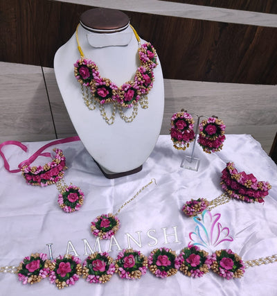 LAMANSH Necklace ,Earring, Maangtika & Bracelet Set Dark Pink - Gold / Free Size / Bridal Look Lamansh® 🌺🌻🌹🌷 Floral Jewellery Set