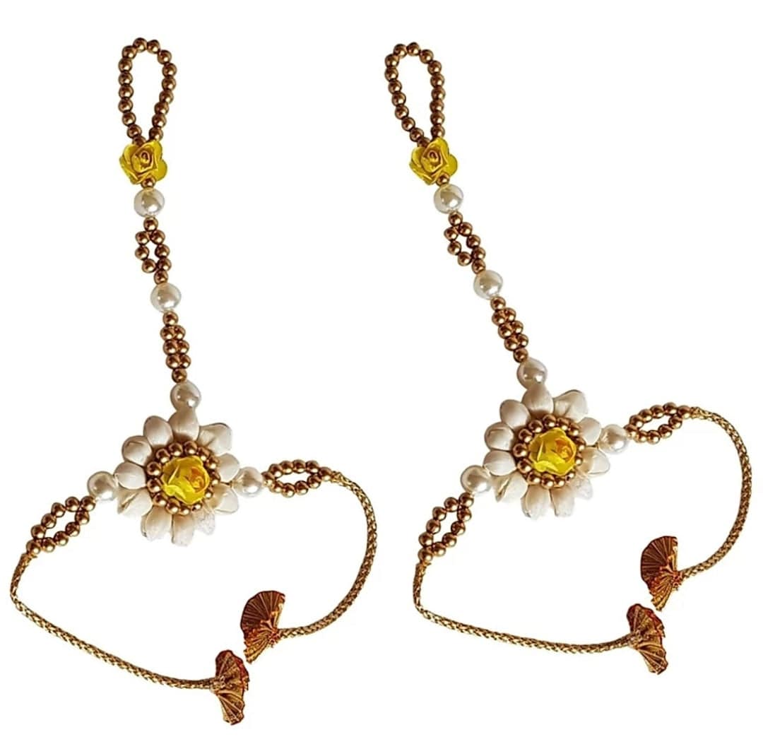 LAMANSH Necklace ,Earring, Maangtika & Bracelet Set Gold - Yellow / Free Size / Bridal Look LAMANSH® 🌺🌻🌹🌷 Floral Jewellery Set