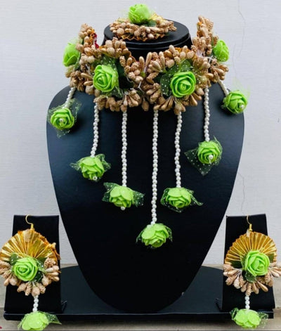 LAMANSH Necklace ,Earring, Maangtika & Bracelet Set Green / Free Size / Bridal Look Lamansh® 🌺 Layered Bridal Floral Jewellery Set
