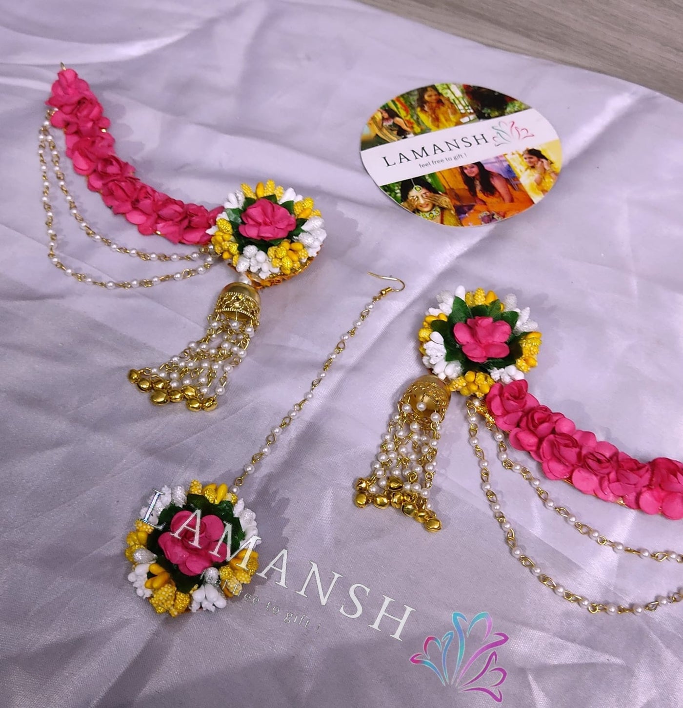Lamansh Necklace, Earring, Maangtika & Bracelet Set Multicolor / Standard / Haldi Lamansh® Floral Maangtika & Floral Earrings With Extended clips For Bridesmaid