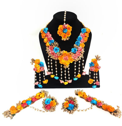 LAMANSH Necklace ,Earring, Maangtika & Bracelet Set Orange-SkyBlue / Free Size / Bridal Look Lamansh® 🌺🌻🌹🌷 Floral Jewellery Set