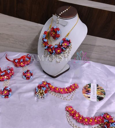 LAMANSH Necklace ,Earring, Maangtika & Bracelet Set Pink - Blue - Red / Free Size / Bridal Look Lamansh® 🌺Bridal Flower Jewellery Set for Haldi Rasam / Artificial Floral Set