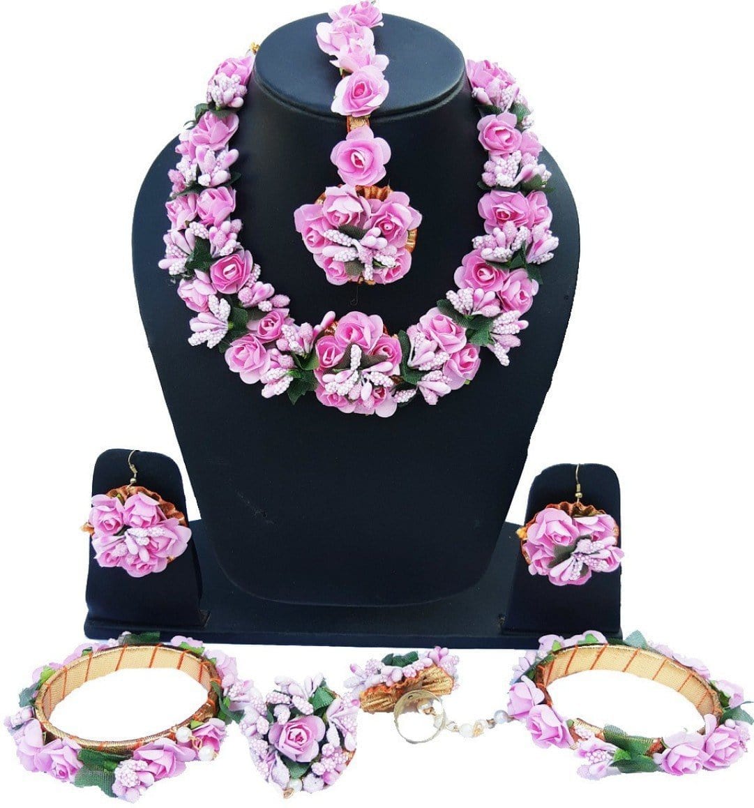 Lamansh Necklace, Earring, Maangtika & Bracelet Set Pink-Green / Free size / Haldi & Mehandi Lamansh Artificial Flower Jewellery Set