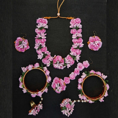 Lamansh Necklace, Earring, Maangtika & Bracelet Set Pink-Green / Free size / Haldi & Mehandi Lamansh Artificial Flower Jewellery Set