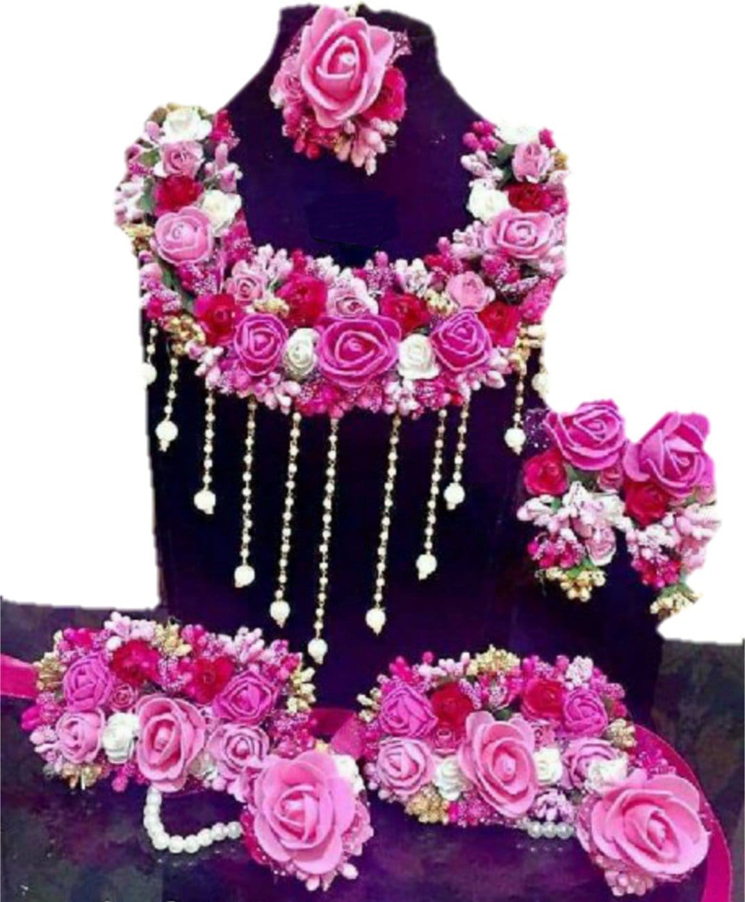 LAMANSH Necklace ,Earring, Maangtika & Bracelet Set Pink-Red / Free Size / Bridal Look Lamansh® 🌺🌻🌹🌷 Flower Set