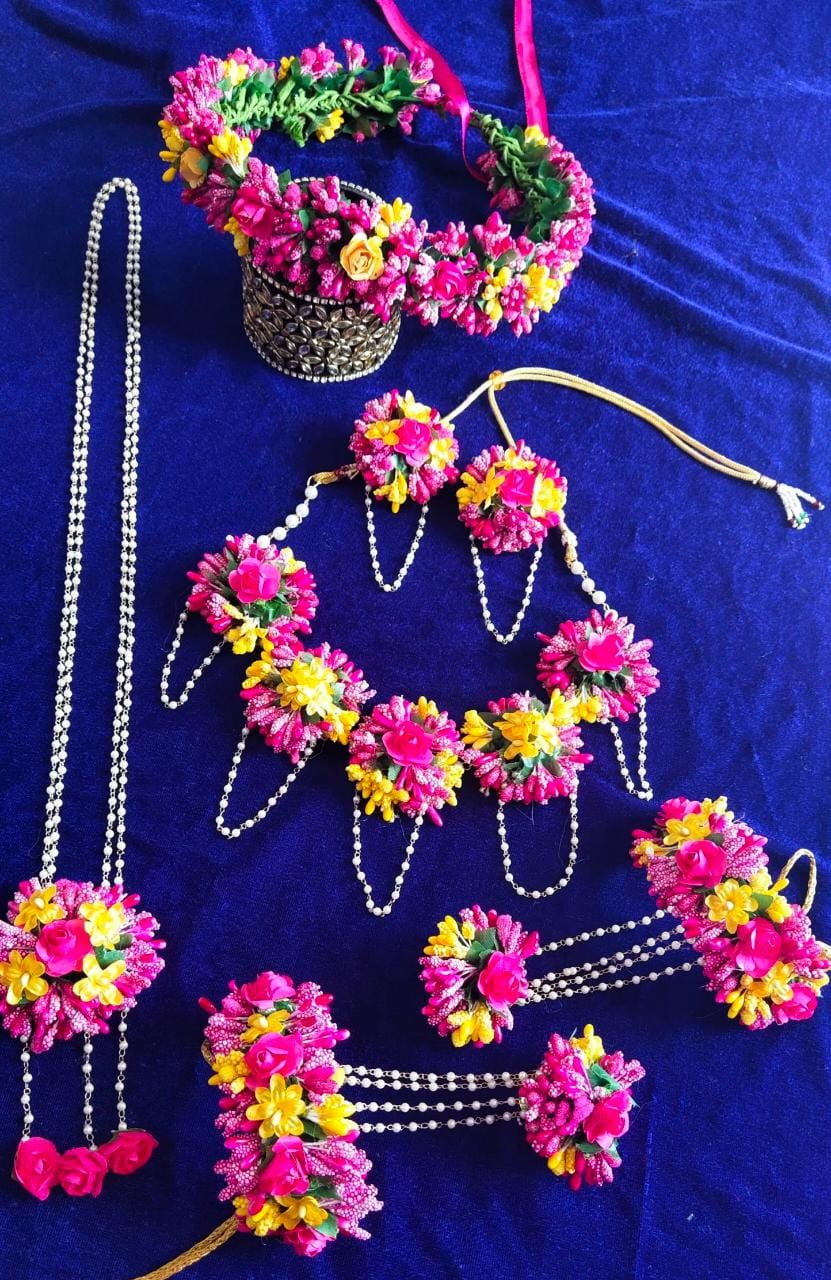 LAMANSH Necklace ,Earring, Maangtika & Bracelet Set Pink - Yellow / Free Size / Bridal Look Lamansh® 🌹🌷 Bridal Floral Jewellery Set with Head Tiara