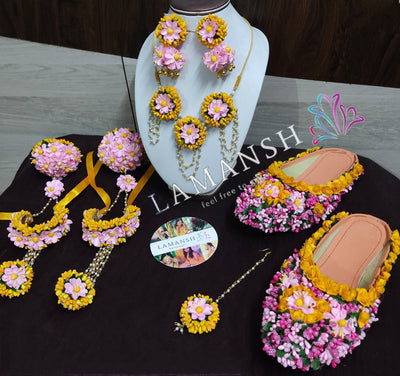 LAMANSH Necklace ,Earring, Maangtika & Bracelet Set Pink - Yellow / Free Size / Bridal Look LAMANSH® 🌺 Dry Flower Jewellery Set with Floral Footwear / Haldi Floral Jewelry set with slippers