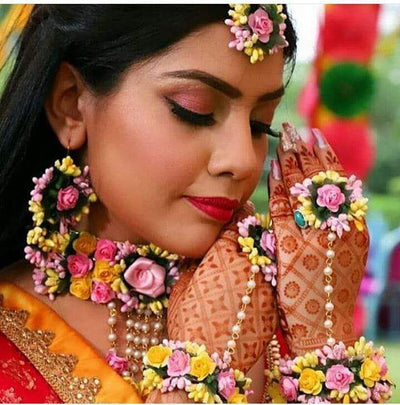 LAMANSH Necklace ,Earring, Maangtika & Bracelet Set Pink - Yellow / Free Size / Bridal Look Lamansh® 🌺🌻🌹🌷 Floral Jewellery Set