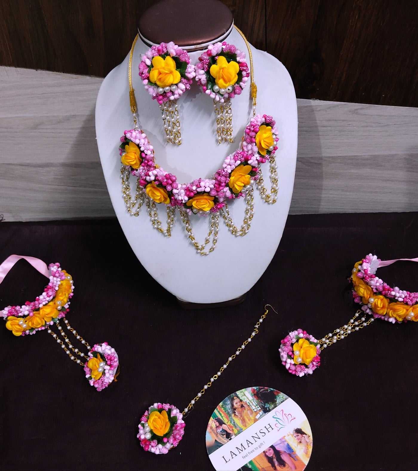 LAMANSH Necklace ,Earring, Maangtika & Bracelet Set Pink - Yellow / Free Size / Bridal Look LAMANSH® 🌺🌻🌹🌷 Floral Jewellery Set