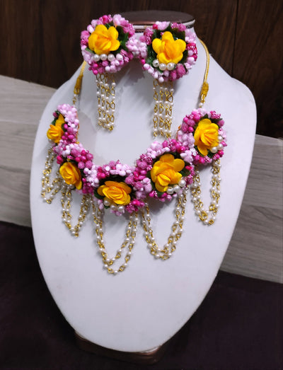 LAMANSH Necklace ,Earring, Maangtika & Bracelet Set Pink - Yellow / Free Size / Bridal Look LAMANSH® 🌺🌻🌹🌷 Floral Jewellery Set