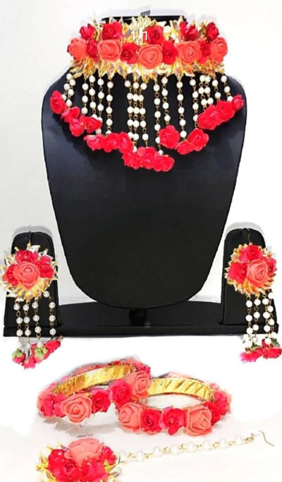 LAMANSH Necklace ,Earring, Maangtika & Bracelet Set Red / Free Size / Bridal Look Lamansh® 🌺 Layered Bridal Floral Jewellery Set