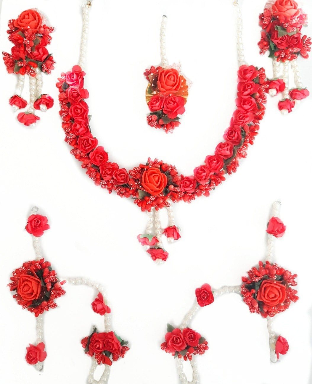 Lamansh Necklace, Earring, Maangtika & Bracelet Set Red / Free size / Haldi Lamansh Artificial Flower Jewellery Set