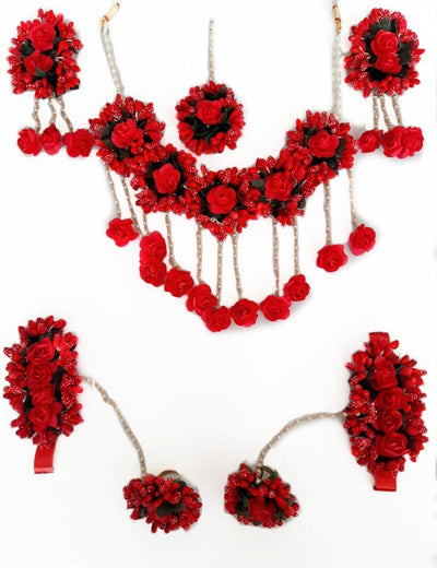 Lamansh Necklace, Earring, Maangtika & Bracelet Set Red / Free size / Haldi & Mehandi Lamansh Artificial Floral Jewellery Set