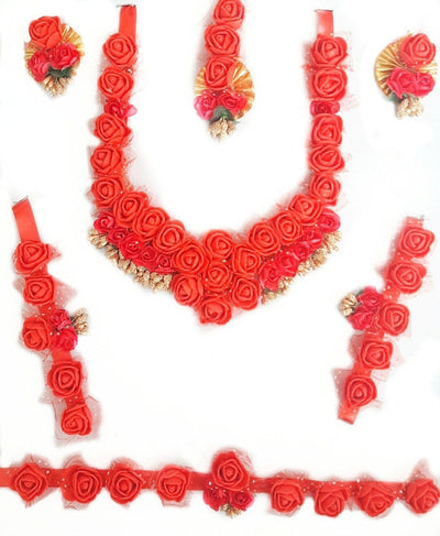 Lamansh Necklace, Earring, Maangtika & Bracelet Set red / Free size / Haldi & Mehandi Lamansh Artificial Flower Jewellery Set