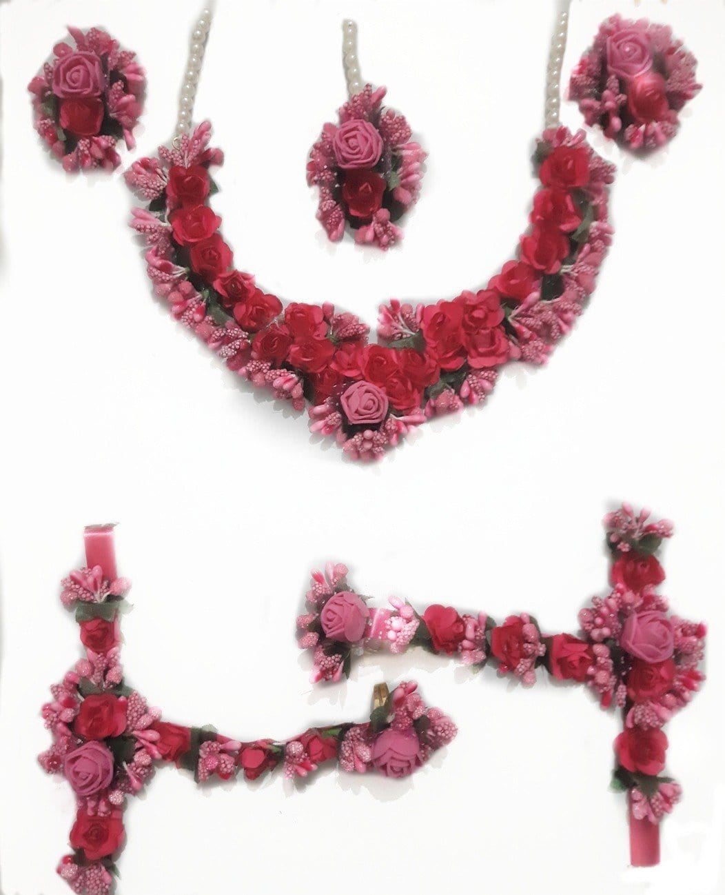 Lamansh Necklace, Earring, Maangtika & Bracelet Set Red-Pink / Free size / Haldi & Mehandi Lamansh Artificial Floral Jewellery Set