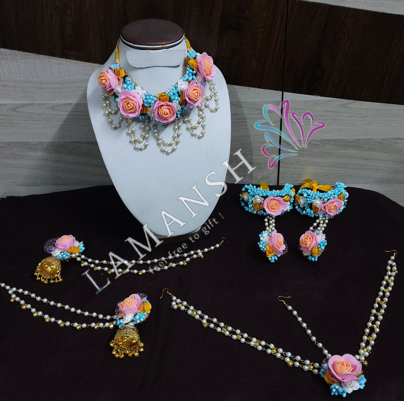 Lamansh Necklace, Earring, Maangtika & Bracelet Set Sky-Blue-Pink-Yellow / Free size / Bridal Style Lamansh Bridal Floral Jewellery Set for haldi  / Lamansh set
