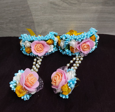 Lamansh Necklace, Earring, Maangtika & Bracelet Set Sky-Blue-Pink-Yellow / Free size / Bridal Style Lamansh Bridal Floral Jewellery Set for haldi  / Lamansh set