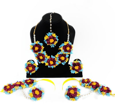 Lamansh Necklace, Earring, Maangtika & Bracelet Set Sky Blue- yellow-red / Free size / Bridal Style LAMANSH Bridal Jewellery set / Floral 🌺 Jewellery set for Haldi
