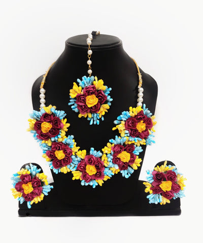 Lamansh Necklace, Earring, Maangtika & Bracelet Set Sky Blue- yellow-red / Free size / Bridal Style LAMANSH Bridal Jewellery set / Floral 🌺 Jewellery set for Haldi