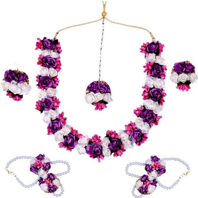 Lamansh Necklace, Earring, Maangtika & Bracelet Set White-Purple-Pink / Free size / Haldi & Mehandi Lamansh Artificial Flower Jewellery Set